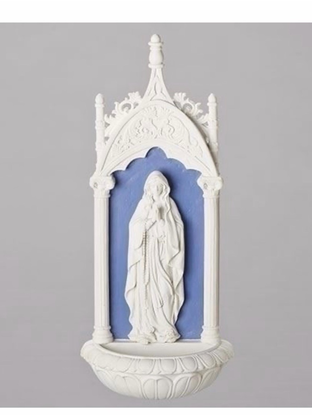 Our Lady of Lourdes Holy Water Font White and Blue Resin
